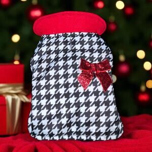 Perfectly Pet Houndstooth Dog Coat Sz XS Pup Sweater Fleece Lined Jacket Red Bow
